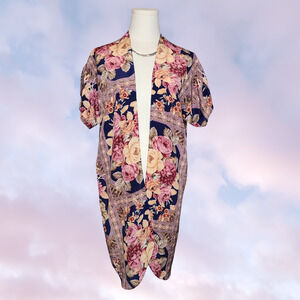 Vtg Circa 2000 Pink Yellow Blue Floral Rose Satin Soft Midi Short Sleeve Robe S